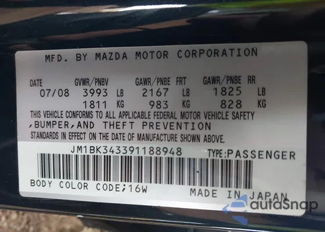 2009 Mazda Mazda3 S Sport from USA, damaged, VIN JM1BK343391188948